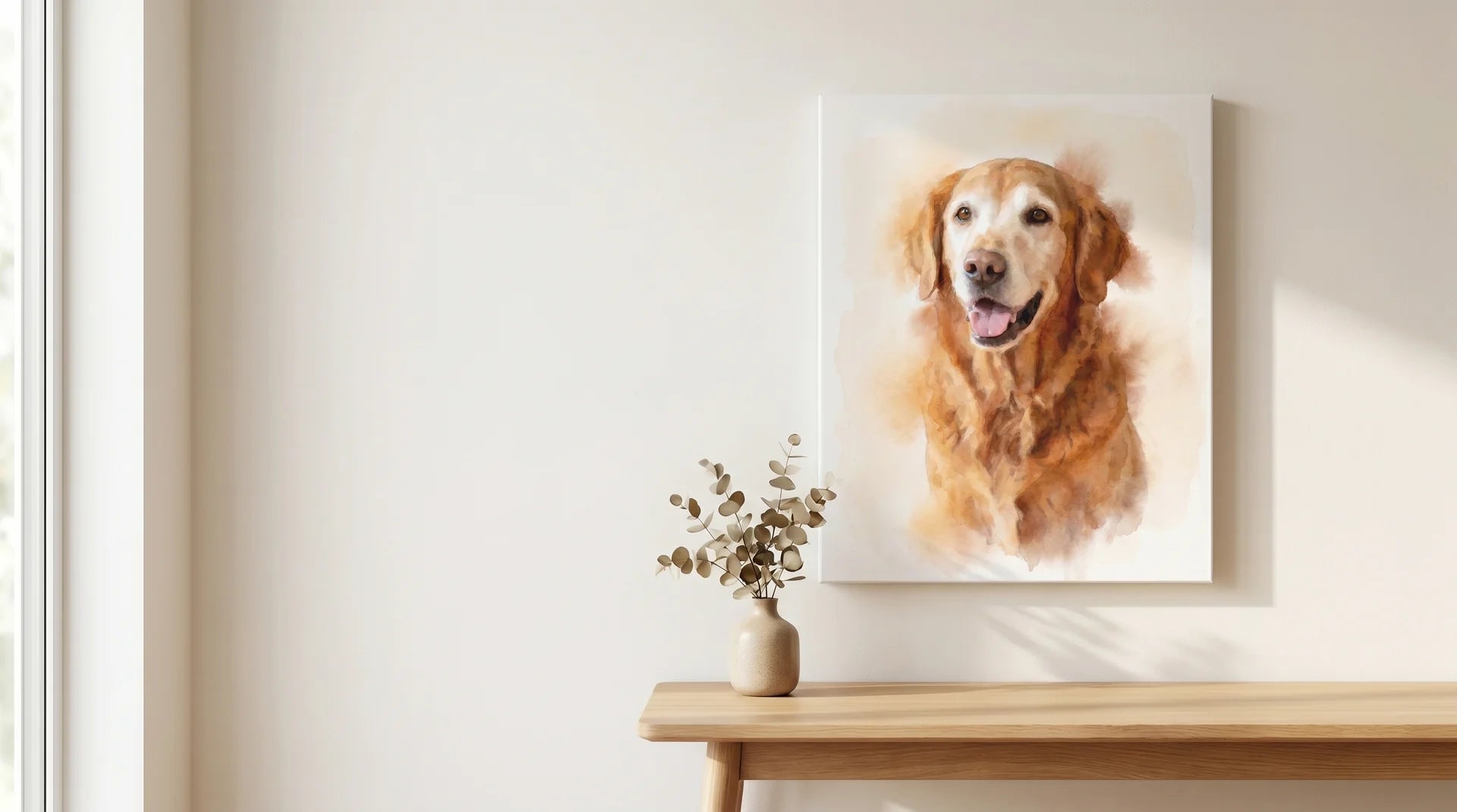 Pet keepsake canvas hanging on a wall at home