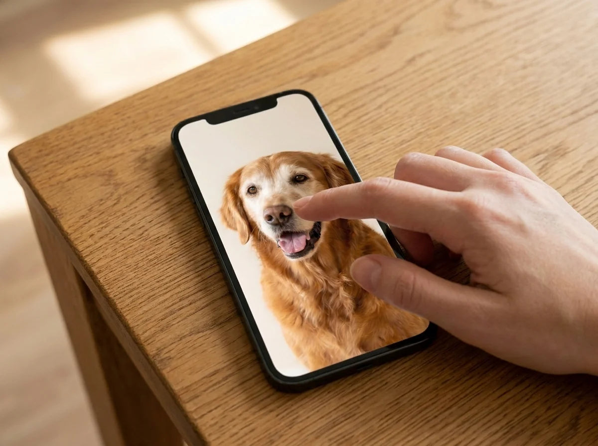 A phone displaying a pet photo