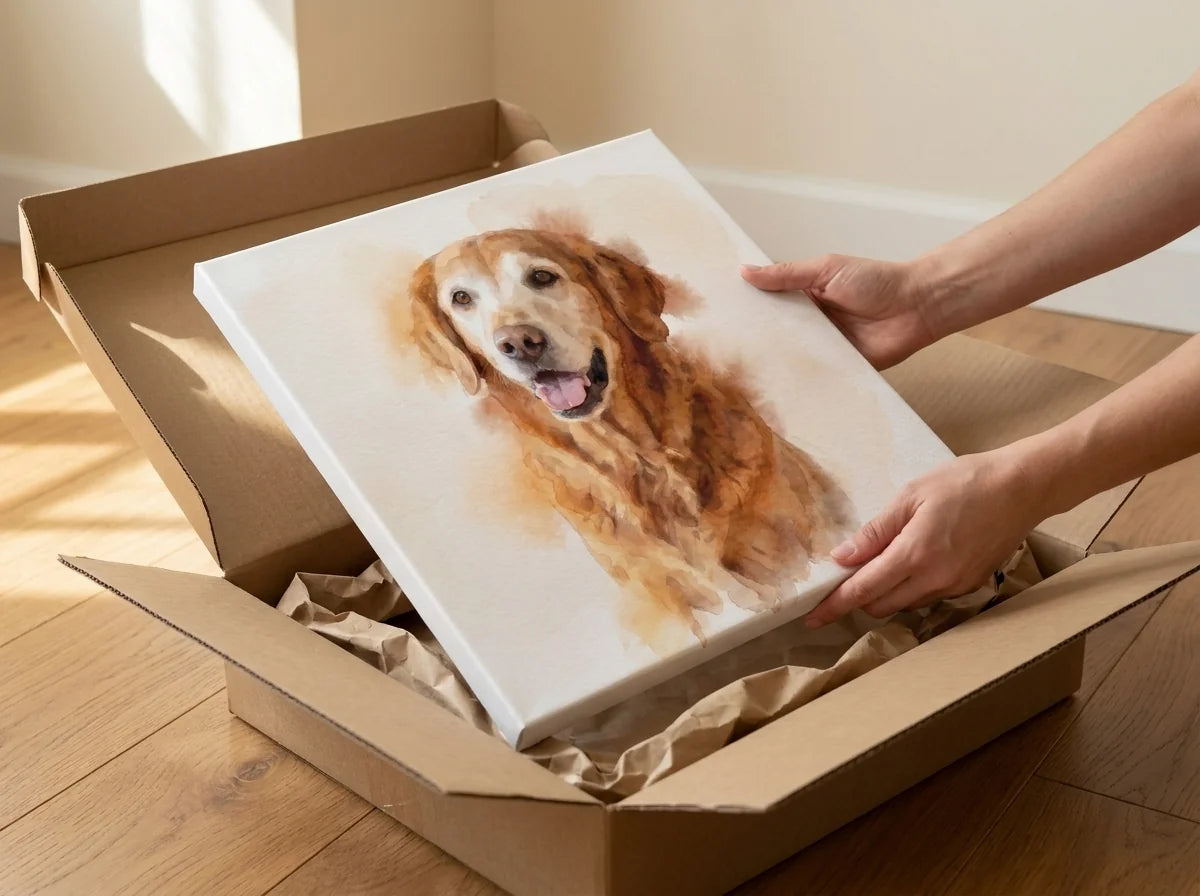 A tablet showing a finished watercolour pet keepsake at home