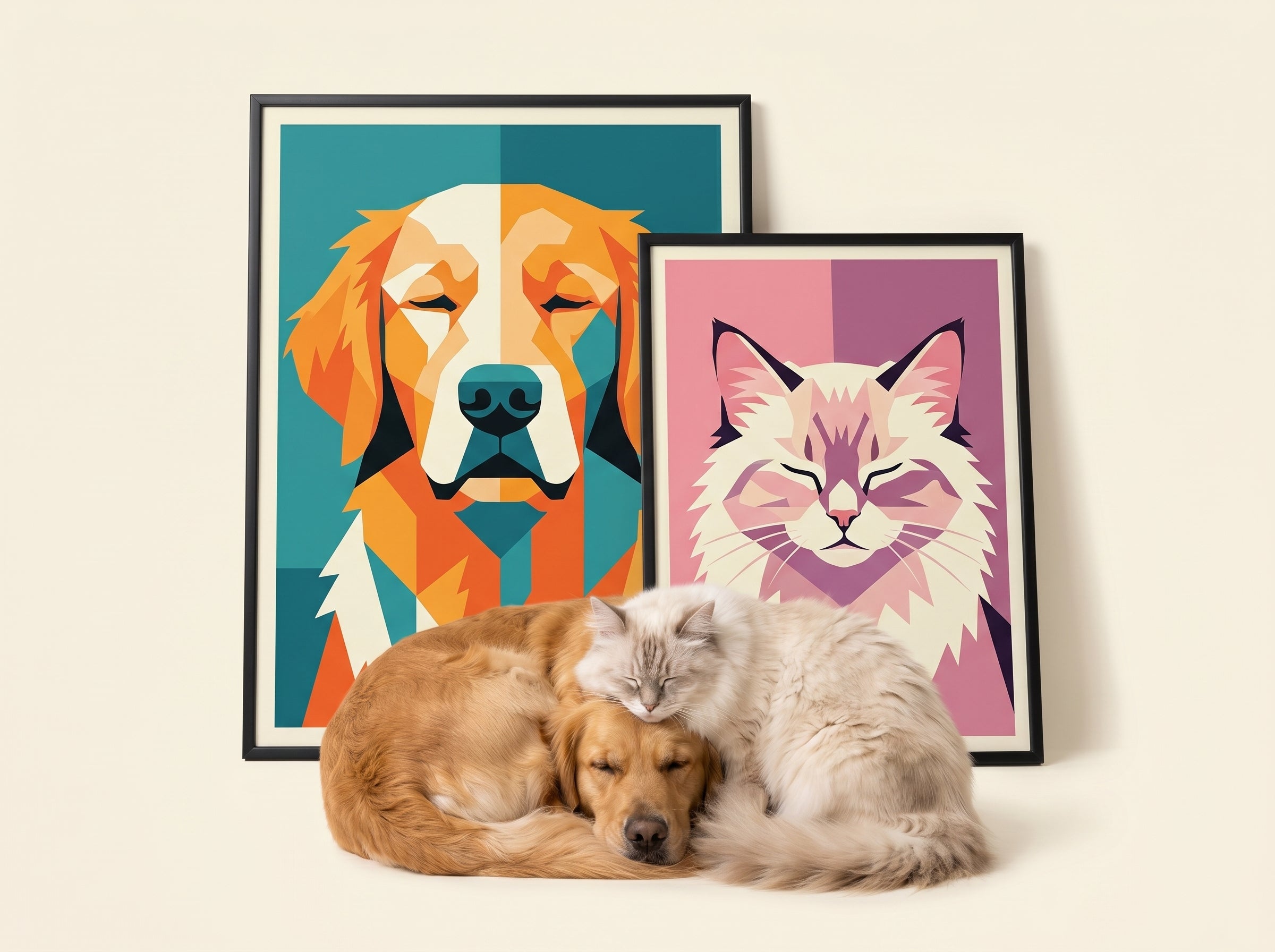 A photographed dog and cat cuddling in front of two bold-graphic poster keepsakes of themselves